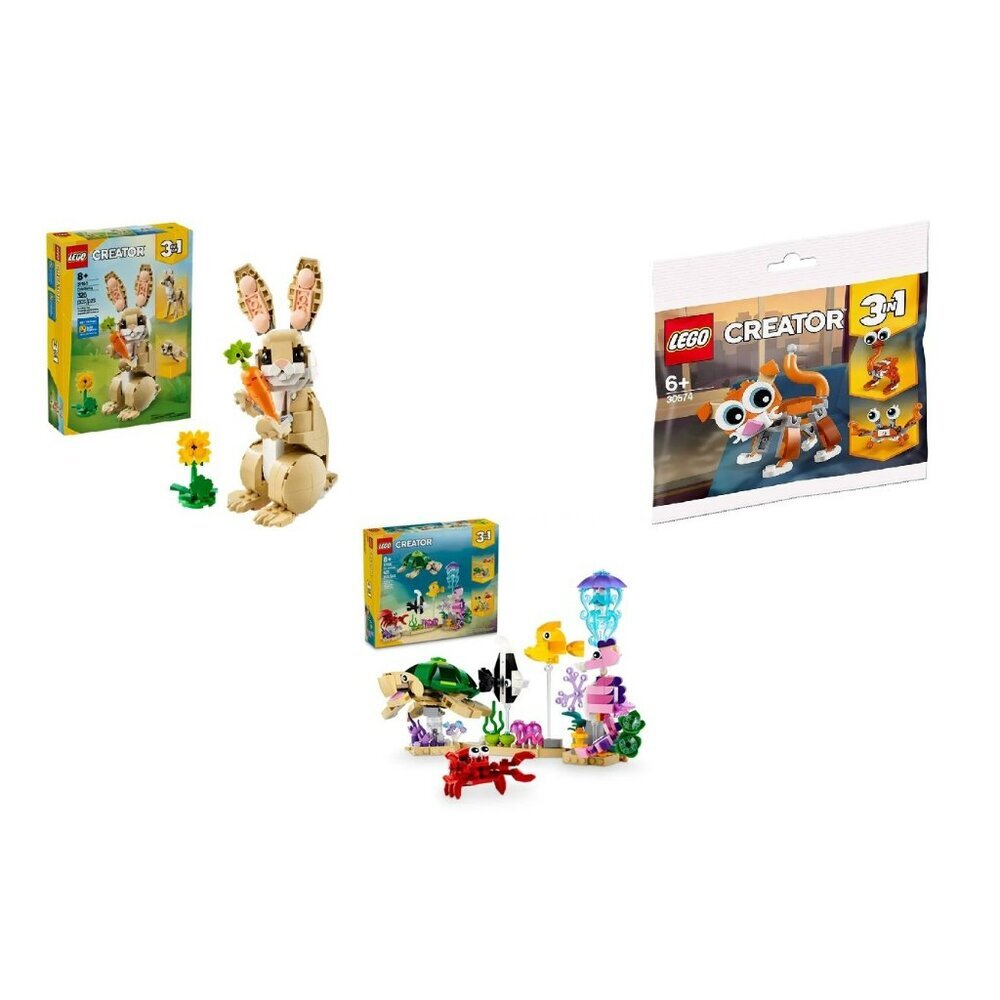 3 Lego Creator Sets: 30574 Cute Cat, 31158 Sea Animals, 31162 Cute Bunny